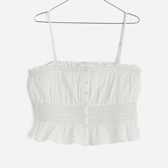 Madewell NWT Smocked Button-Front Top in Poplin Size M 100% Cotton Eyelet White - Picture 7 of 13